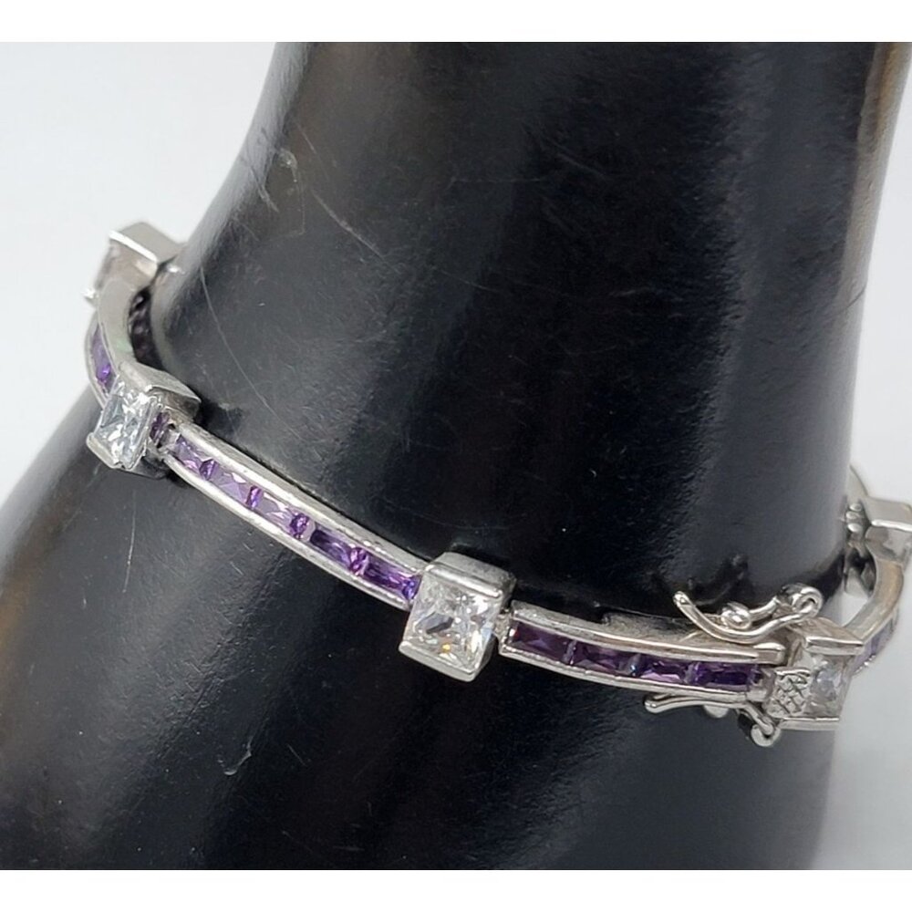 Purple Tourmaline & Cubic Zirconia 10kgp Bracelet SZ 6.5 White Gold Plated